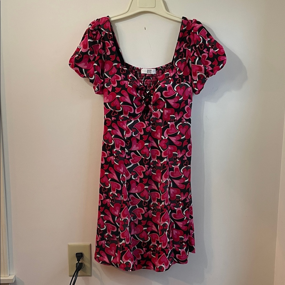Madden NYC Women’s Pink Heart Print Short Bubble Sleeve A-line Mini Dress M